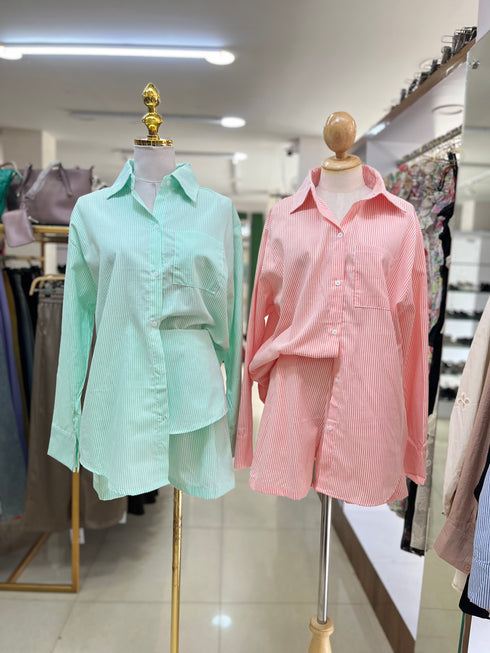 Casual Collar Down Stripes Shirts With Short Sets